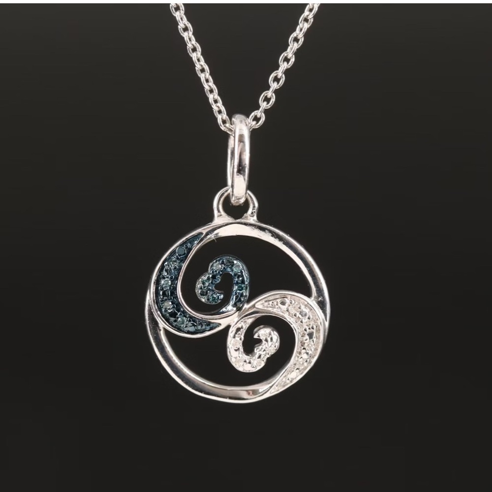 18” sterling necklace with double heart pendant in blue and white diamonds